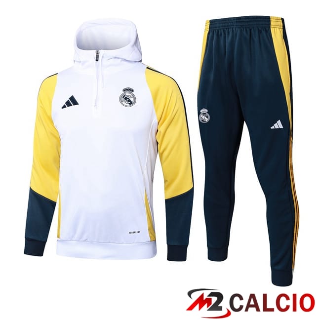Maglie Calcio Personalizzate,Tute Calcio Squadre,Maglia Nazionale Italiana Calcio | Tuta Calcio - Felpa Con Cappuccio Real Madrid Bianco Giallo 2024/2025