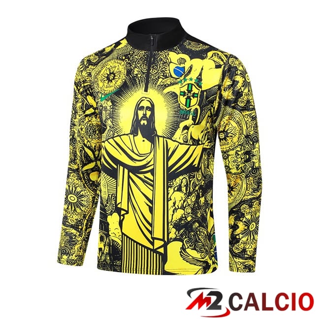 Maglie Calcio Personalizzate,Tute Calcio Squadre,Maglia Nazionale Italiana Calcio | Felpa Allenamento Brasile Giallo Nero 2024/2025