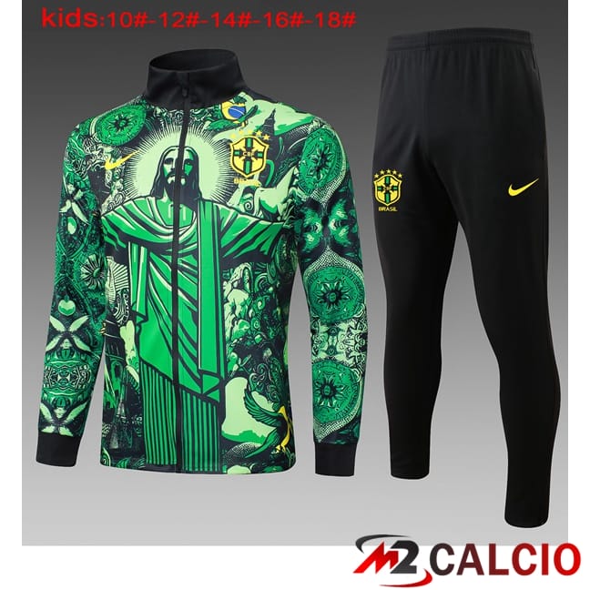 Maglie Calcio Personalizzate,Tute Calcio Squadre,Maglia Nazionale Italiana Calcio | Insieme Tuta Calcio - Giacca Brasile Bambino Verde 2024/2025