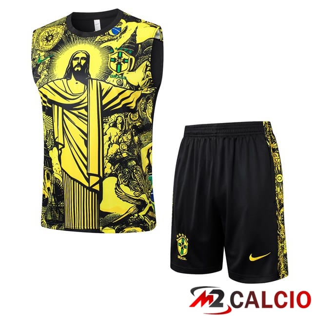Maglie Calcio Personalizzate,Tute Calcio Squadre,Maglia Nazionale Italiana Calcio | Canotta Allenamento Brasile + Pantaloncini Giallo 2024/2025