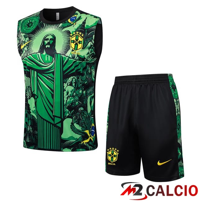 Maglie Calcio Personalizzate,Tute Calcio Squadre,Maglia Nazionale Italiana Calcio | Canotta Allenamento Brasile + Pantaloncini Verde 2024/2025