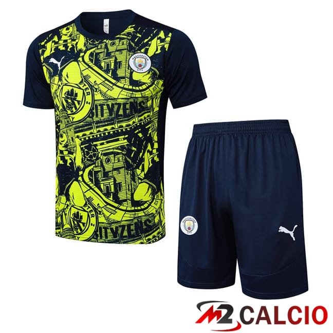 Maglie Calcio Personalizzate,Tute Calcio Squadre,Maglia Nazionale Italiana Calcio | Insieme T Shirt Allenamento Manchester City + Pantaloncini Blu Reale Giallo 2025/2026