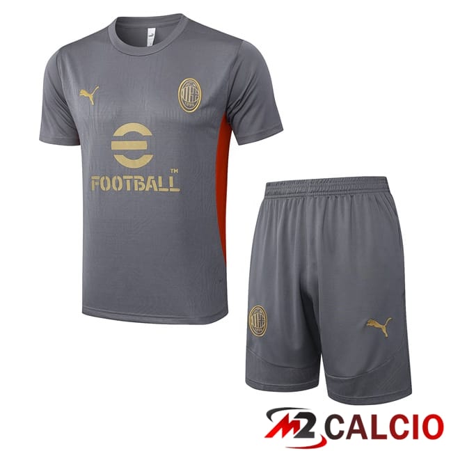 Maglie Calcio Personalizzate,Tute Calcio Squadre,Maglia Nazionale Italiana Calcio | Insieme T Shirt Allenamento AC Milan + Pantaloncini Grigio 2025/2026