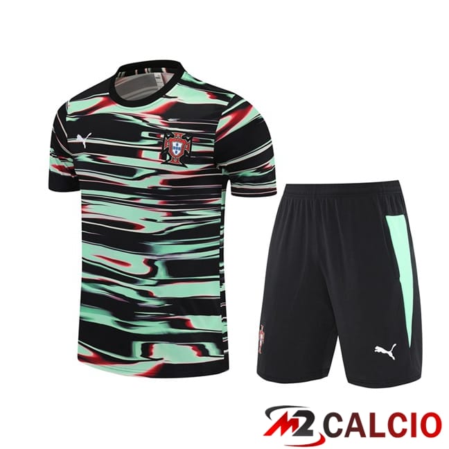 Maglie Calcio Personalizzate,Tute Calcio Squadre,Maglia Nazionale Italiana Calcio | Insieme T Shirt Allenamento Portogallo + Pantaloncini Nero Verde 2025/2026