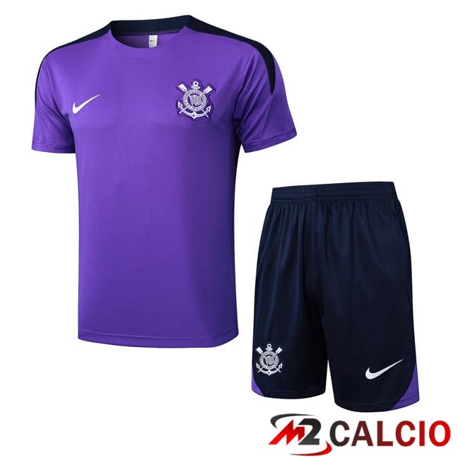 Maglie Calcio Personalizzate,Tute Calcio Squadre,Maglia Nazionale Italiana Calcio | Insieme T Shirt Allenamento Corinthians + Pantaloncini Viola 2025/2026
