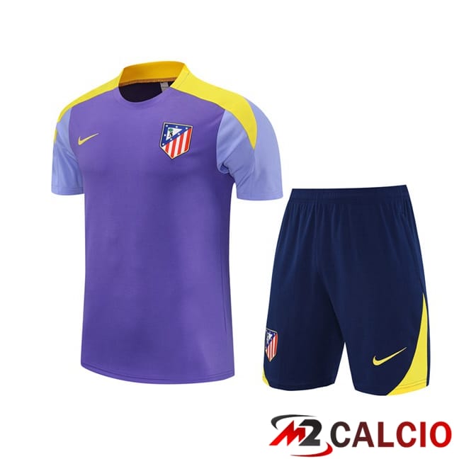 Maglie Calcio Personalizzate,Tute Calcio Squadre,Maglia Nazionale Italiana Calcio | Insieme T Shirt Allenamento Atletico Madrid + Pantaloncini Viola 2025/2026