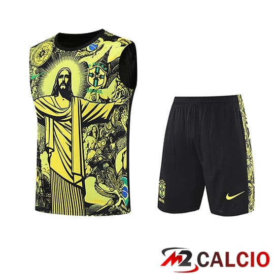 Maglie Calcio Personalizzate,Tute Calcio Squadre,Maglia Nazionale Italiana Calcio | Canotta Calcio Brasile Bambino Giallo/Nero 2025/2026