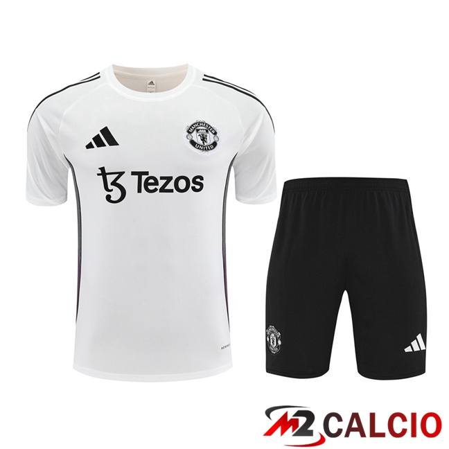 Maglie Calcio Personalizzate,Tute Calcio Squadre,Maglia Nazionale Italiana Calcio | Insieme T Shirt Allenamento Manchester United + Pantaloncini Bianco 2025/2026