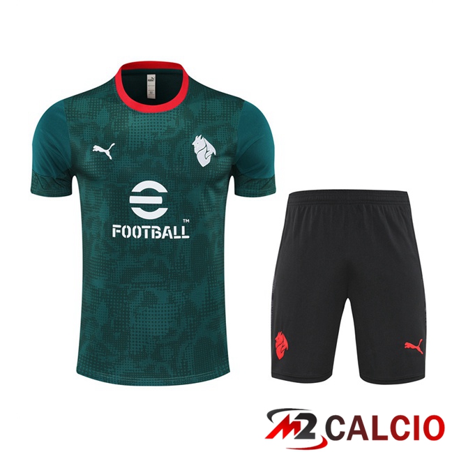Maglie Calcio Personalizzate,Tute Calcio Squadre,Maglia Nazionale Italiana Calcio | Insieme T Shirt Allenamento AC Milan + Pantaloncini Verde 2025/2026