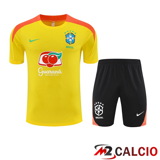 Maglie Calcio Personalizzate,Tute Calcio Squadre,Maglia Nazionale Italiana Calcio | Insieme T Shirt Allenamento Brasile + Pantaloncini Giallo 2025/2026