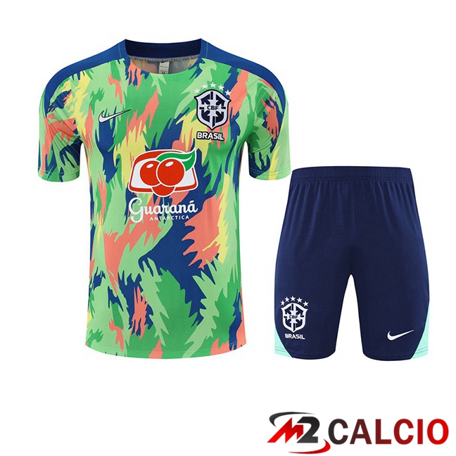 Maglie Calcio Personalizzate,Tute Calcio Squadre,Maglia Nazionale Italiana Calcio | Insieme T Shirt Allenamento Brasile + Pantaloncini Verde 2025/2026