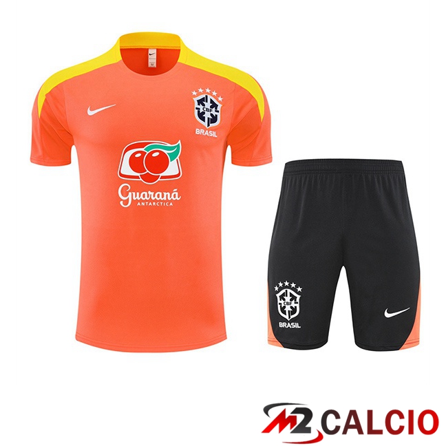 Maglie Calcio Personalizzate,Tute Calcio Squadre,Maglia Nazionale Italiana Calcio | Insieme T Shirt Allenamento Brasile + Pantaloncini Arancia 2025/2026