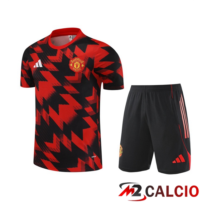 Maglie Calcio Personalizzate,Tute Calcio Squadre,Maglia Nazionale Italiana Calcio | Insieme T Shirt Allenamento Manchester United + Pantaloncini Nero Rosso 2025/2026
