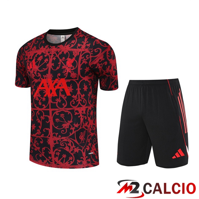 Maglie Calcio Personalizzate,Tute Calcio Squadre,Maglia Nazionale Italiana Calcio | Insieme T Shirt Allenamento FC Liverpool + Pantaloncini Rosso Nero 2025/2026