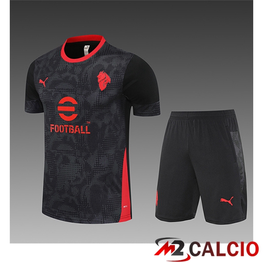 Maglie Calcio Personalizzate,Tute Calcio Squadre,Maglia Nazionale Italiana Calcio | Insieme T Shirt Allenamento AC Milan Bambino Nero/Grigio/Rosso 2025/2026