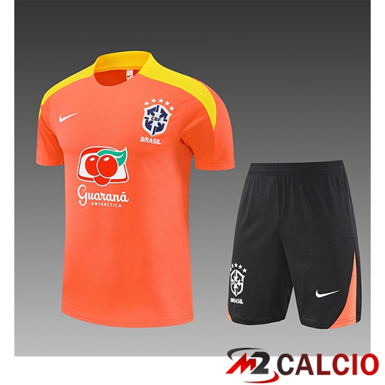 Maglie Calcio Personalizzate,Tute Calcio Squadre,Maglia Nazionale Italiana Calcio | Insieme T Shirt Allenamento Brasile Bambino Arancia/Giallo 2025/2026