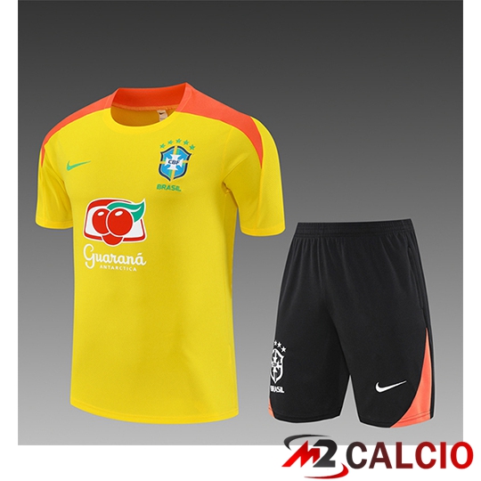 Maglie Calcio Personalizzate,Tute Calcio Squadre,Maglia Nazionale Italiana Calcio | Insieme T Shirt Allenamento Brasile Bambino Giallo/Arancia 2025/2026