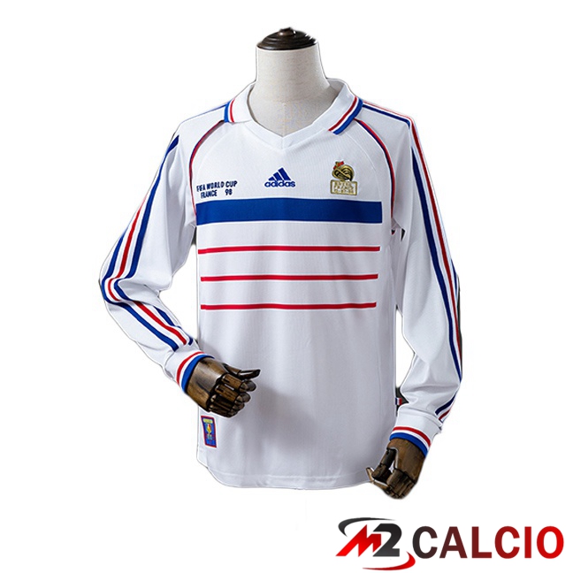 Maglie Calcio Personalizzate,Tute Calcio Squadre,Maglia Nazionale Italiana Calcio | Maglie Calcio Francia Retro Seconda Manica Lunga Bianco 1998