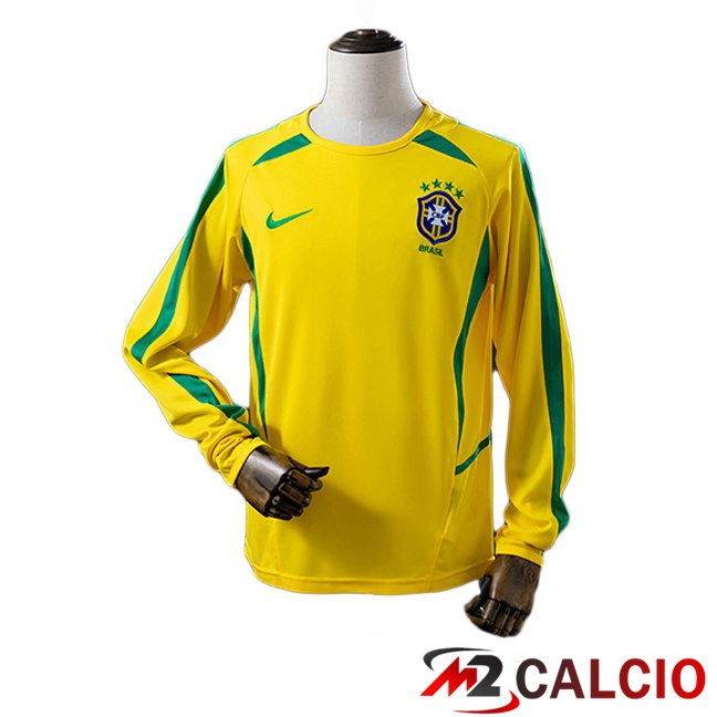 Maglie Calcio Personalizzate,Tute Calcio Squadre,Maglia Nazionale Italiana Calcio | Maglie Calcio Brasile Retro Prima Manica Lunga Giallo 2002