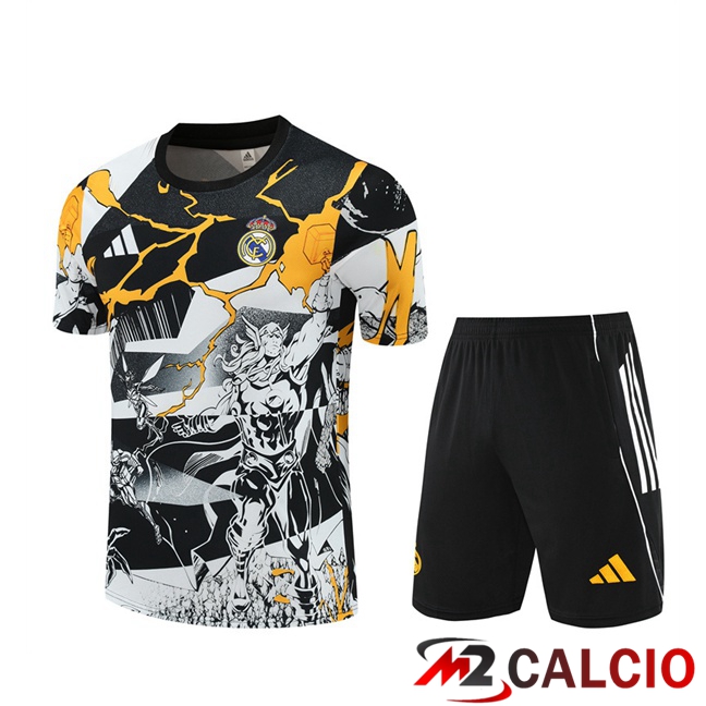 Insieme T Shirt Allenamento Real Madrid + Pantaloncini Nero Bianco 2025/2026