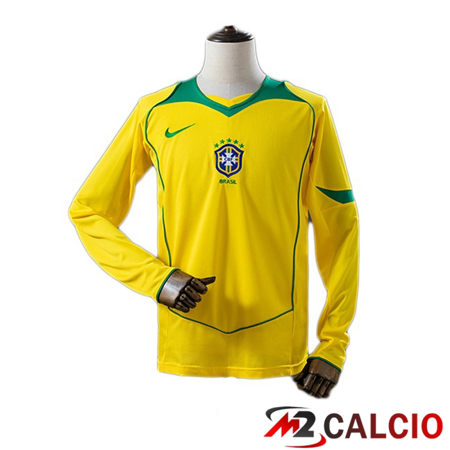 Maglie Calcio Personalizzate,Tute Calcio Squadre,Maglia Nazionale Italiana Calcio | Maglie Calcio Brasile Retro Prima Manica Lunga Giallo 2004