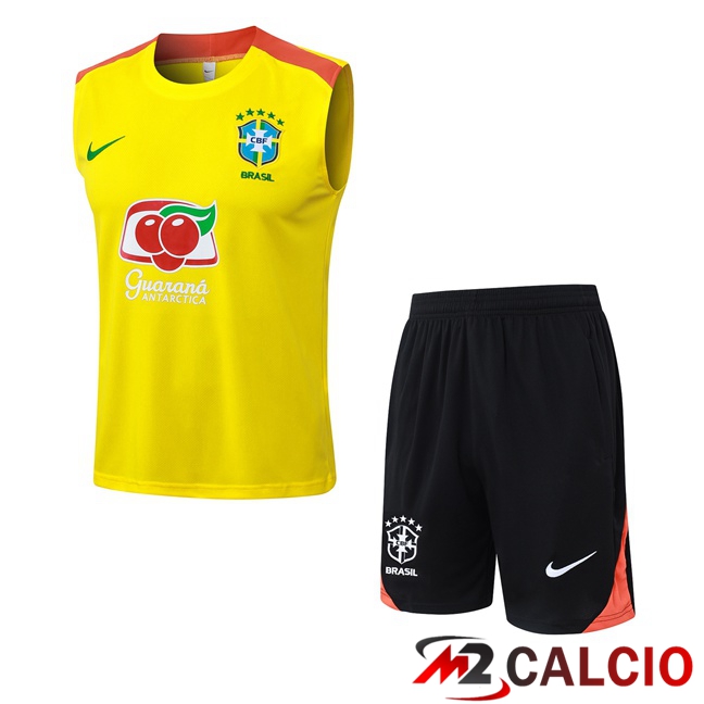 Maglie Calcio Personalizzate,Tute Calcio Squadre,Maglia Nazionale Italiana Calcio | Canotta Allenamento Brasile + Pantaloncini Giallo 2025/2026