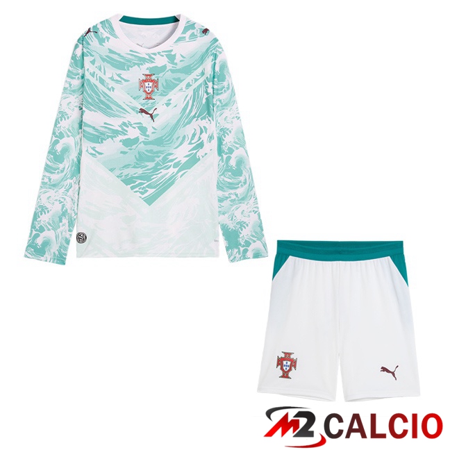 Maglie Calcio Personalizzate,Tute Calcio Squadre,Maglia Nazionale Italiana Calcio | Maglie Calcio Portogallo Bambino Seconda Manica Lunga Verde Bianco 2026/2027
