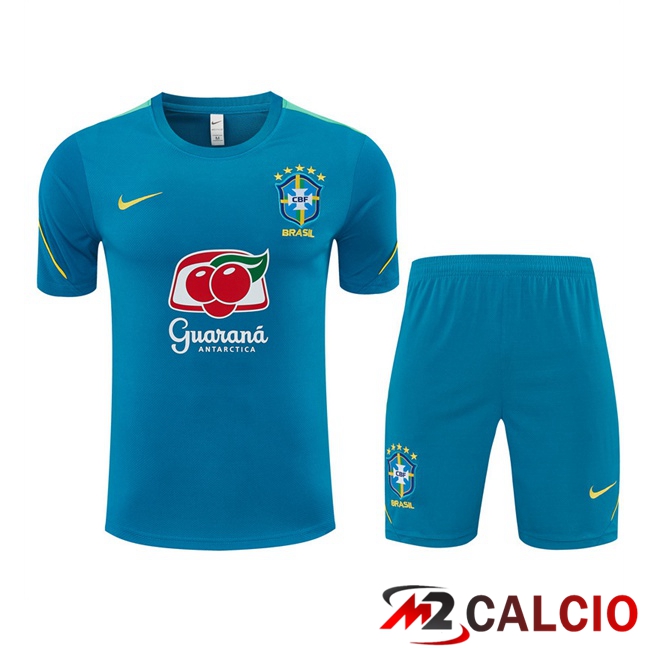 Maglie Calcio Personalizzate,Tute Calcio Squadre,Maglia Nazionale Italiana Calcio | Insieme T Shirt Allenamento Brasile + Pantaloncini Blu 2026/2027