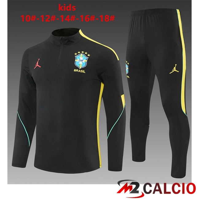 Maglie Calcio Personalizzate,Tute Calcio Squadre,Maglia Nazionale Italiana Calcio | Insieme Tuta Calcio Brasile Bambino Nero Giallo 2026/2027