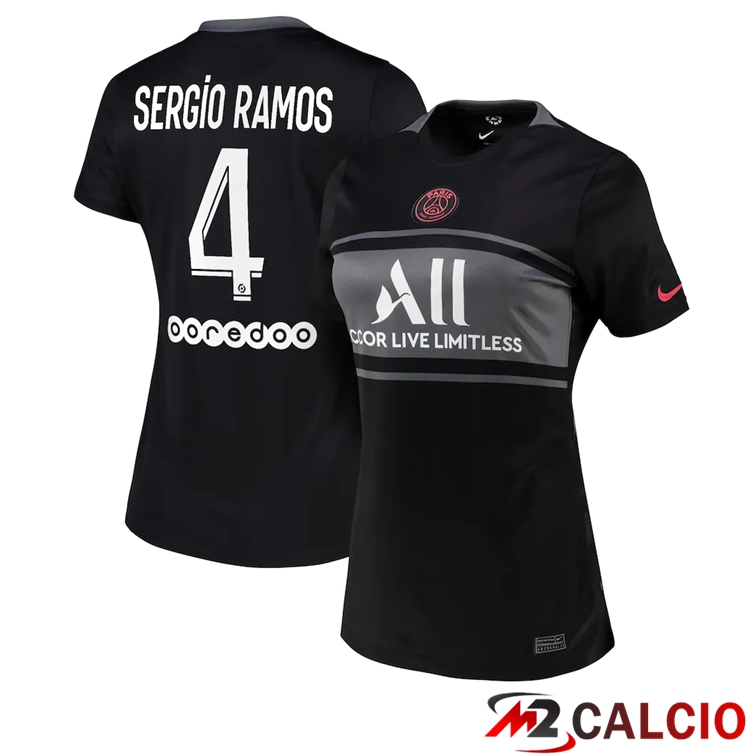 Maglie Calcio Personalizzate,Tute Calcio Squadre,Maglia Nazionale Italiana Calcio | Maglia Paris PSG（Sergio Ramos 4）Donna Terza Nero 2021/2022