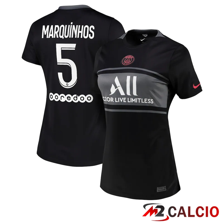Maglie Calcio Personalizzate,Tute Calcio Squadre,Maglia Nazionale Italiana Calcio | Maglia Paris PSG（Marquinhos 5）Donna Terza Nero 2021/2022