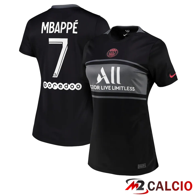 Maglie Calcio Personalizzate,Tute Calcio Squadre,Maglia Nazionale Italiana Calcio | Maglia Paris PSG（Mbappé 7）Donna Terza Nero 2021/2022
